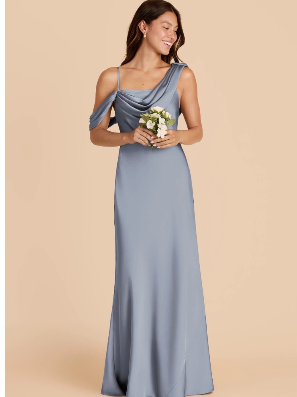 Birdy Grey Freya One-Shoulder Matte Satin Gown in Dusty Blue XS